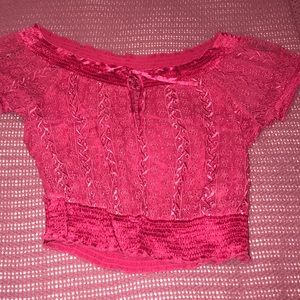 Fuchsia BEBE off the shoulder silk blouse